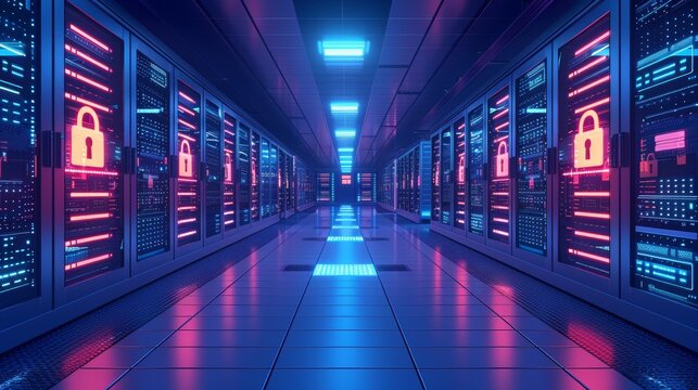 Modern data center with neon lighting, secure servers, and a futuristic look, emphasizing cybersecurity and efficient data storage.