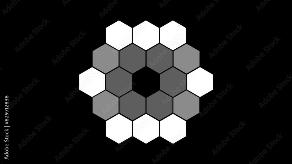 Poster geometric composition of blinking hexagons on black background. computer generated effect