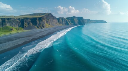 Stunning aerial view of towering cliffs beside a serene black sand beach with ocean waves - Powered by Adobe