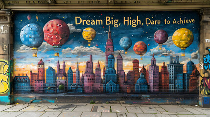 Graffiti wall adorned a whimsical depiction of a city skyline with balloons floating in the sky and...