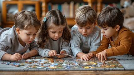 Fototapeta premium Four children intensely concentrate on piecing together a puzzle, showcasing teamwork and cognitive development
