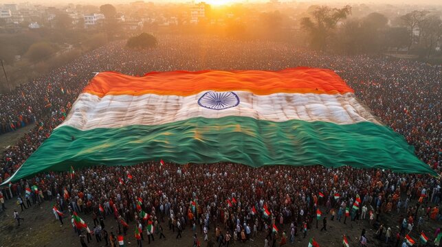 An expansive Indian flag unfurled by a large gathering, showcasing national unity and pride