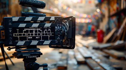 Casting call. Chair and clapperboard in modern studio, closeup camera against light grey background at studio, selective focus, Generative AI