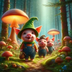 Naklejka premium an illustration of the tale of the wolf and the three little pigs