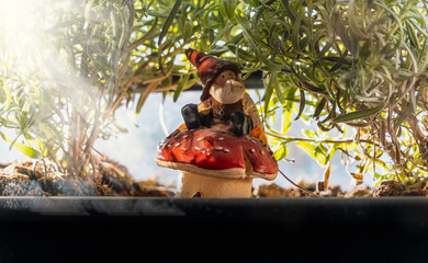A gnome is sitting on a red mushroom surrounded by green leaves. decoration in a flower pot