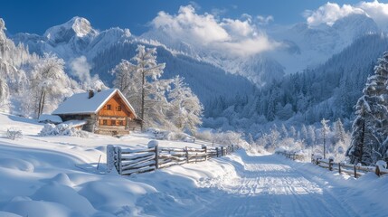 A picturesque image showcasing a cozy cabin nestled among snowy trees with mountain backdrop, conveying a winter wonderland