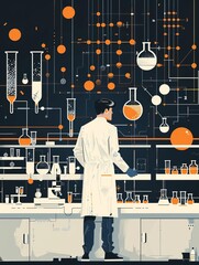 A scientist in a lab coat stands in front of a large periodic table