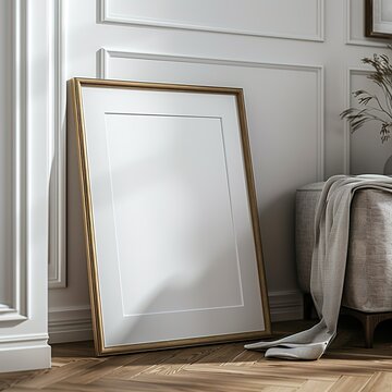 Elegant frame leaning against wall with cozy interior elements. Mockup frame, Ratio 2x3.