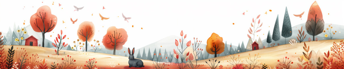 autumn landscape featuring a rabbit, red trees, and birds in a serene countryside setting. Generative ai raster illustration. Pop art comic book style imitation