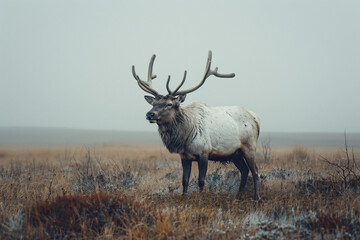 Elk with large antlers standing in open field on a foggy day. Wildlife nature photography
