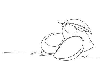 Single one line drawing whole and half sliced healthy mango organic for orchard logo identity. Fresh tropical fruitage concept for fruit garden icon. Continuous line design graphic vector illustration