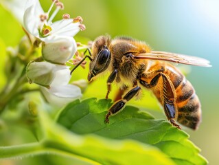 Fototapeta premium Close up macro photo of a bee on a flower gathering green and white plant pollen in floral meadow on sunny day