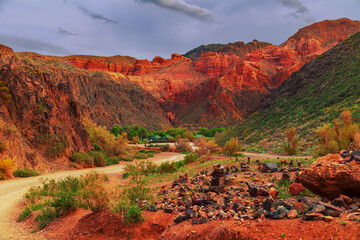 View of the Charyn Canyon at sunset. South-Eastern Kazakhstan.