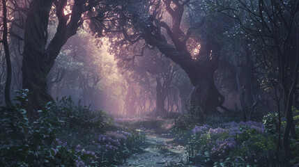 Mystical enchanted forest path bathed in ethereal light with tall trees and lush undergrowth, perfect for fantasy and nature themes.
