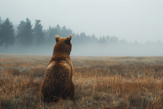 Fototapeta Rear view of brown bear sitting in foggy meadow with forest background. Wildlife nature photography