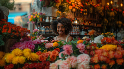 A smiling African-American woman florist stands among vibrant flowers at her flower shop