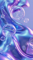 Abstract background with floating transparent bubbles and wavy liquid texture in soft purple and blue tones. Tech, science, and cleaning concept. Banner with copy space.