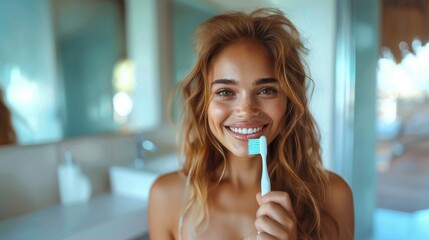 A young woman with blonde hair brushes her teeth with a toothbrush in a bright bathroom - Powered by Adobe