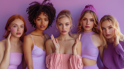 Obraz premium Five young diverse women pose together, wearing shades of purple on a purple background