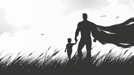 Black and white silhouette of father hold his child hand in the grassland illustration for father's day