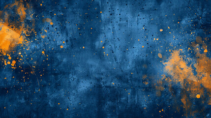 A textured grunge background in dark blue, adorned with splashes of bright yellow and tangerine, resembling an abstract watercolor masterpiece.