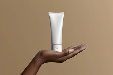 Minimalist Skincare Product Display with Hand on Beige Background - Design for Print, Poster, Advertisement