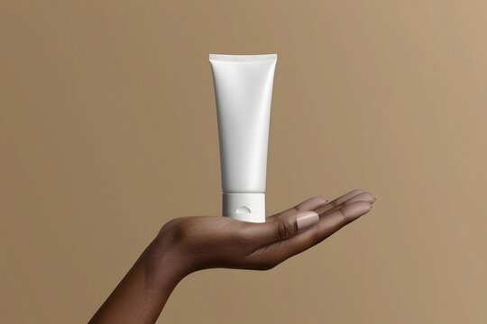Minimalist Skincare Product Display with Hand on Beige Background - Design for Print, Poster, Advertisement