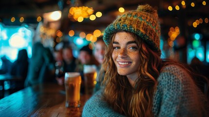 Cheerful redhead woman with freckles in a beanie hat smiling at a warm, bustling bar atmosphere with a beer in foreground