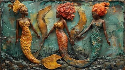 Vibrant, textured mermaid figures in relief with intricate detailing, posing against an abstract background