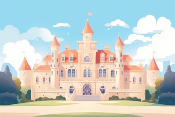 Charming illustration of a fairytale castle with tall turrets, set against a bright sky with fluffy clouds; perfect for fantasy and storytelling.