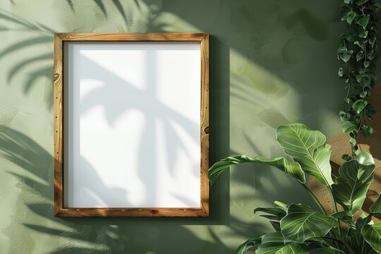 Wooden frame mockup with plants casting shadows on a green wall. Ratio frame 4x5.