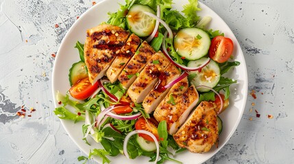 Chicken fillet with salad. Healthy food, keto diet, diet lunch concept. Top view on white background