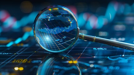 A magnifying glass over blue background with digital data and graphs.