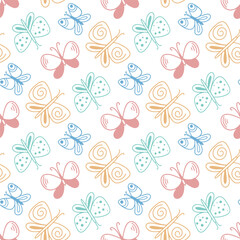 Multicolored butterflies hand drawn print. Background with moths. Seamless print for baby textiles, packaging, wallpaper and design, vector graphics