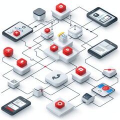 3D vector illustration of digital devices linked in a network, visually representing the complex web of digital connectivity