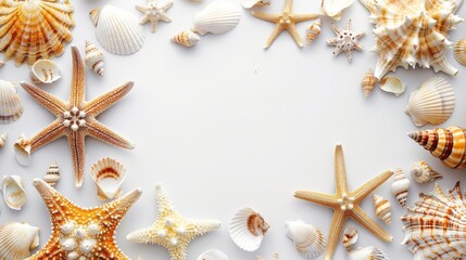 Various of starfish and seashells isolated on the white background with copy space for text. Summer holiday event