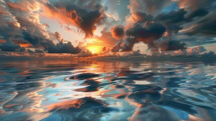 Sunset Reflection in Cloudy Sky and Ocean Surface
