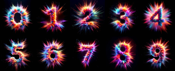 Vibrant colorful vibrant numbers explosion burst with the numbers 0 1 2 3 4 5 6 7 8 9 . Isolated against a black background. Creative celebration concept letters and numbers collection.