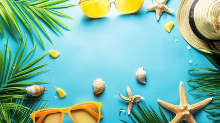 Yellow glasses, palm leaves, starfish, sea shell, and beach hat arranged around blue background with copy space. Tropical summer concept