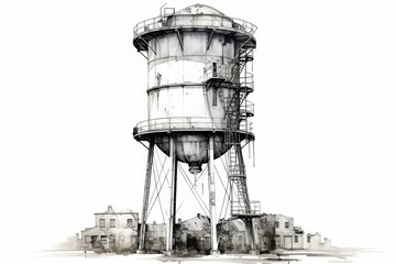 Detailed sketch of a large industrial water tower with surrounding buildings, highlighting architectural design and urban infrastructure.