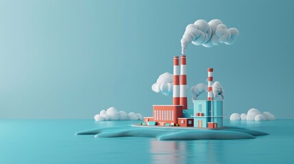 Minimalist 3D factory island illustration, with colorful buildings and smoke clouds, floating on a serene blue background, ideal for industrial themes.