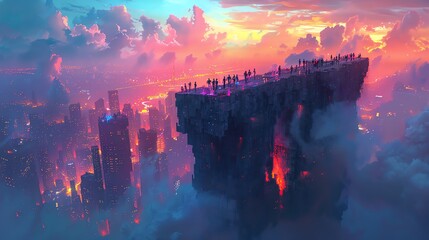 Silhouettes of people stand on a floating rock overlooking a futuristic cityscape bathed in vibrant sunset hues.