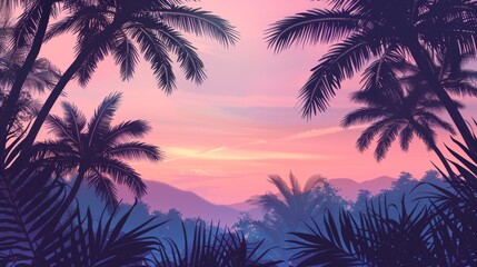 Naklejka premium Coconut palm and leaves silhouette with mountain view in the sunset. Tropical summer background concept