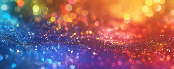 Abstract glitter background. A vibrant blend of multi-colored bokeh effects. Celebration and glamour concept. Template for festival invitation, greeting card, beauty advertising.