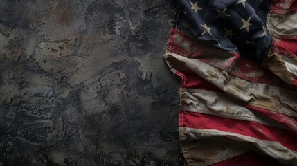 Old historic United States flag isolated on dark background