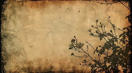 Vintage brown old texture paper overlay and flower silhouette with vignette border with copy space area background