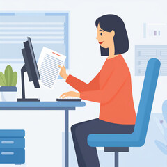 PC作業をする女性フラットイラスト1