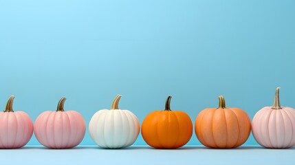 Small colorful pumpkins on pastel blue background. Generative AI.