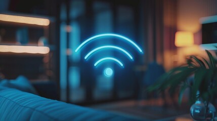 Blue light wireless network connection symbol for smart home digital technology