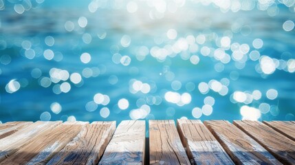 Wooden table on the blurred and bokeh summer water sea background for product display
